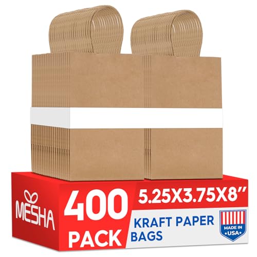 MESHA 400Pcs Brown Paper Bags with Handles 5.25x3.75x8 Small Gift Bags Bulk - color: Brown 5.25x3.75x8 Inch, size: 1 Count (Pack of 400)