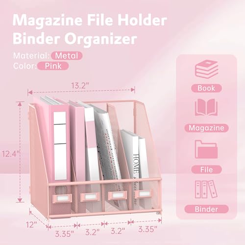 4-Compartment Magazine File Holder and File Organizer for Desk, Pink - color: Pink