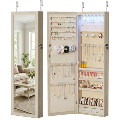 DUMOS 6 LEDs Mirror Jewelry Organizer Cabinet, Jewelry Armoire, 47.2 Inch - color: Khaki