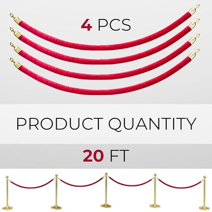 4 PCS Red Velvet Rope - 5 Ft Red Carpet Velvet Rope for Ceremonies Hanging Stanchion for Parties Crowd Queue Line for Safe Control - color: Red