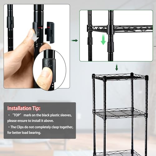 5-Wire Shelving Adjustable Shelves, Standing Storage Shelf for Laundry Bathroom Kitchen Pantry Closet Organization (Glossy Black, 11.8" L x 11.8" W x 50.5" H)