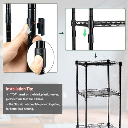 5-Wire Shelving Adjustable Shelves, Standing Storage Shelf for Laundry Bathroom Kitchen Pantry Closet Organization (Glossy Black, 11.8" L x 11.8" W x 50.5" H)