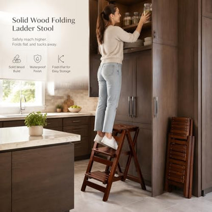 3-Step Wooden Folding Step Stool – Solid Pine Frame, Non-Slip Steps, Anti-Scratch Base, 337lb Capacity – No Assembly Required, Space-Saving for Kitchen & Home – Walnut (Dark Walnut) - color: Dark Walnut