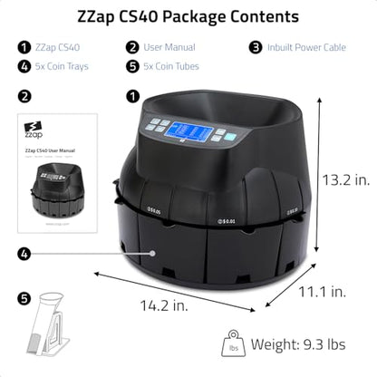 ZZap CS40 Tube Coin Counter, Sorter and Roller - Money Cash Currency Machine