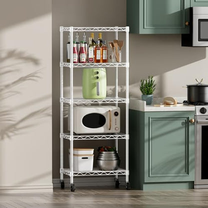 SINGAYE 5 Shelves Storage Shelf Wire Shelving Unit Metal Adjustable Wheels - color: White, size: 5Tier/11.5"D X 17.5"W X 57"H