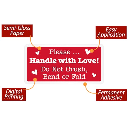 SmartSign Please Handle with Love Stickers - 2 x 4 inch, 100 / Roll, Do Not Bend Crush Or Fold Shipping Label, Semi-Gloss Paper, Permanent Adhesive, White on Red, Made in USA - color: Do Not Bend Crush Or Fold