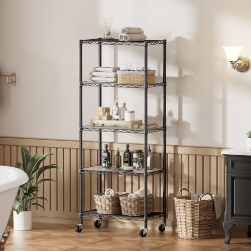 SINGAYE 5 Shelves Storage Wire Shelf Closet Metal Shelving Pantry Wheels - color: Black, size: 5Tier/14"D X 24"W X 61"H