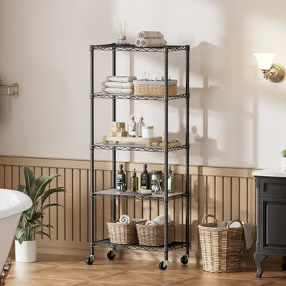 SINGAYE 5 Shelves Storage Wire Shelf Closet Metal Shelving Pantry Wheels - color: Black, size: 5Tier/14"D X 24"W X 61"H