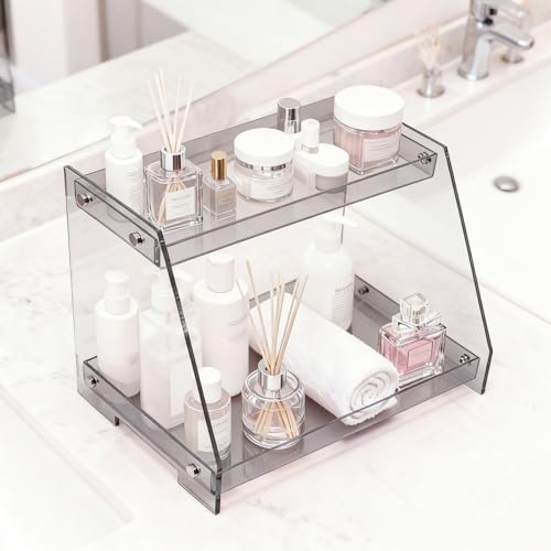 ROYALITA 2 Tier Shelf Bathroom Countertop Organizer Makeup Display Shelf - color: Gray