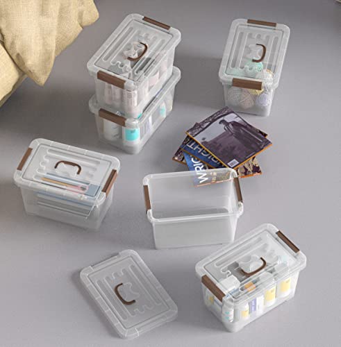 WYT 18-Pack Clear 7 Quart Storage Latch Box/Bins, Plastic Stackable Latching Box with Brown Handle and Lid, Multi-Purpose, 7 Litre - size: 7qt - 18 pack