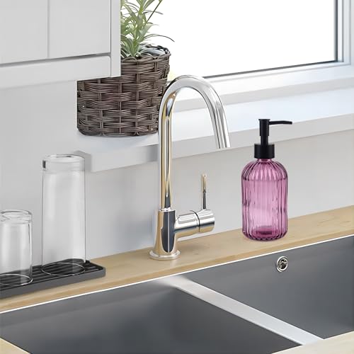 Light Blue Striped Glass Soap Dispenser with Black Rustproof Plastic Pump, 400ml Refillable Bottle for Kitchen, Bathroom, Lotions, Essential Oils & Liquid Soaps (Blue) (Purple) - color: Purple
