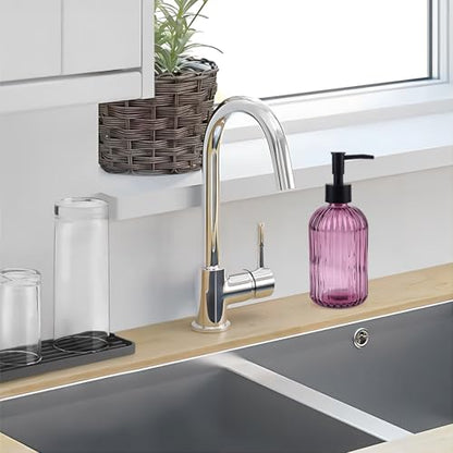 Light Blue Striped Glass Soap Dispenser with Black Rustproof Plastic Pump, 400ml Refillable Bottle for Kitchen, Bathroom, Lotions, Essential Oils & Liquid Soaps (Blue) (Purple) - color: Purple