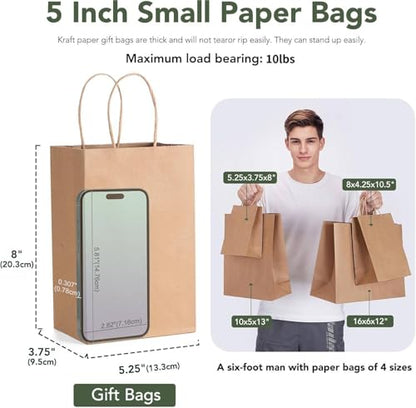 GSSUSA Brown Paper Bags with Handles, Small Gift Bags, 5.25x3.75x8, 20 Pack - color: Brown, size: 5.25x3.75x8 Inch (Pack of 20)