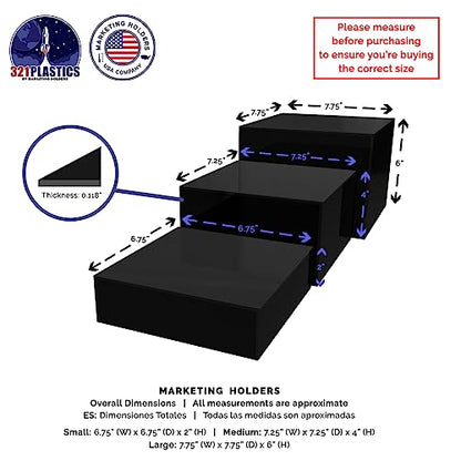 Marketing Holders Acrylic Display Riser Boxes Black 3 Piece Retail Product Riser 2", 4", 6" High Nesting Bins One Open Side No Lid Merchandise Storage Box POP Showcase - size: Set of 3 Black