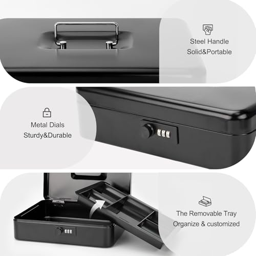 Jssmst X- Large Cash Box with Combination Lock - Durable Metal Cash Box with Money Tray, Black, 11.81 x 9.84 x 3.46 inches, CB0701XLN - color: Black, size: XLarge