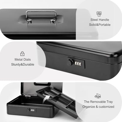 Jssmst X- Large Cash Box with Combination Lock - Durable Metal Cash Box with Money Tray, Black, 11.81 x 9.84 x 3.46 inches, CB0701XLN - color: Black, size: XLarge