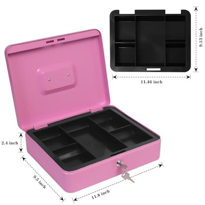 Steel Cash Box with Key Lock, Metal Small Money Organizer with Money Tray,Cash Storage Box with Lockable Cover (Pink - 11.8" x 9.4" x 3.5") - color: Pink - 11.8" x 9.4" x 3.5"