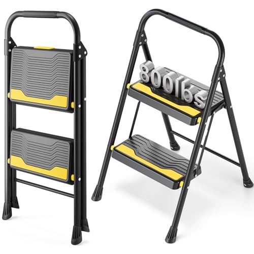 Urackify 2 Step Ladder, Heavy-Duty Pass 800lb Capacity Test, Wide Anti-Slip Steps & Secure Handrail Compact, Folding Step Stool Portable Design for Home, Kitchen, Office, Pantry, Closet Use, Black - size: 2-step