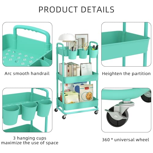 JIUYOTREE 3-Tier Plastic Rolling Storage Cart Utility Cart Green - color: Green, size: 3-Tier