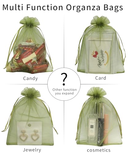 Jexila 100 Olive Green Organza Gift Bags 5X7 In Drawstring Mesh Favor Pouch - color: Olive Green