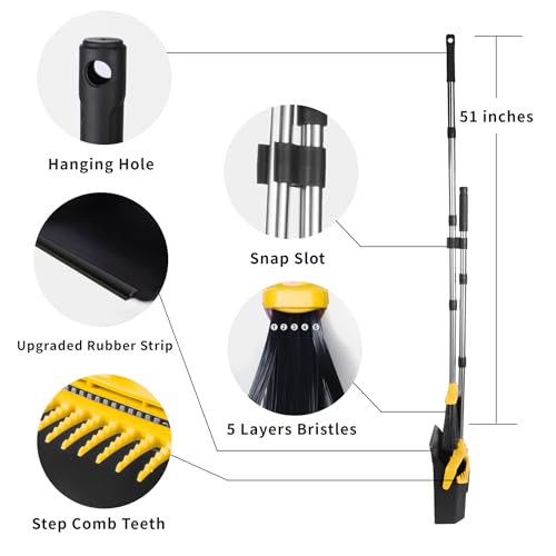 Broom and Dustpan Set for Home, 51" Long Handle Standing Pan Black Yellow - color: Yellow and Black