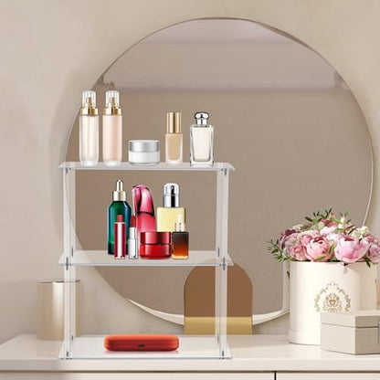 Jusalpha Rectangular 3 Tier Clear Acrylic with Metal Tabletop Display Stand for Desktop Shelf, Bathroom Vanity Cosmetic Makeup Organization Shelves, Home Decor Display Stand (Large 3 Tier) (Pack of 2) - size: 3 Tier, Rectangular, Large (Pack of 2)
