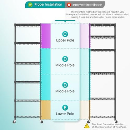 SINGAYE 6 Shelves Storage Shelf Wire Shelving Unit Metal Adjustable Wheels - color: Black, size: 6Tier/11.5"D X 17.5"W X 61.5"H