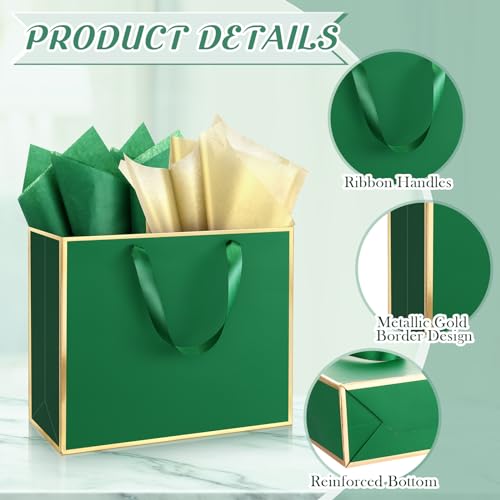 ReliThick 12 Pack Paper Gift Bag with Handles & Tissue, Green, Gold - color: Green, Gold