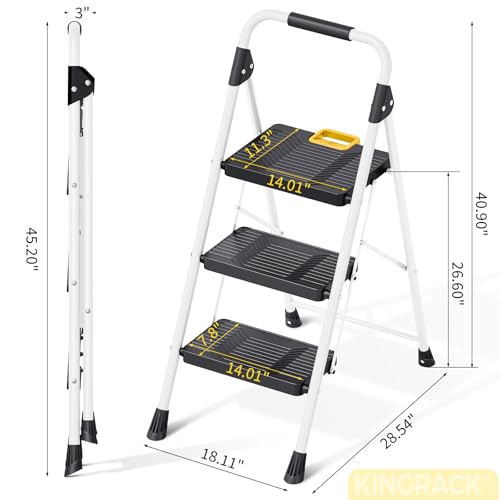 KINGRACK 3 Step Folding Ladder, 800lbs Capacity Step Stool with Safety Lock, Non-Skid Wide Pedals, and Handrail, Lightweight, Household Ladder for Home, Kitchen, Pantry, Closets, and Office Use, White - size: 3-STEP