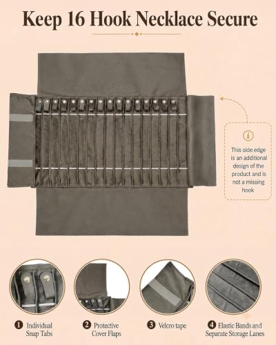 Travel Necklace Organizer, Tangle Free Jewelry Case, 16 Slots - color: Pink PU and gray velvet