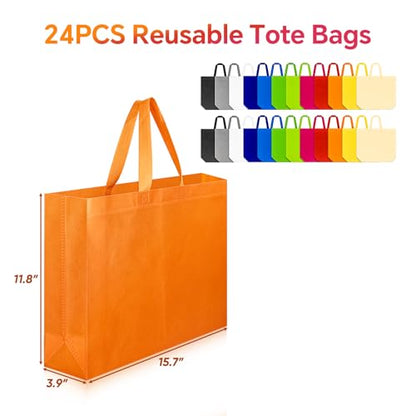 24 Pack Reusable Grocery Bags, Colorful Non-Woven Shopping Bags, Foldable Tote Bags Bulk