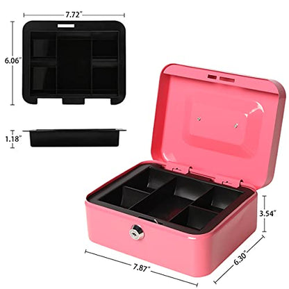 Cash Box with Money Tray, Parrency Large Money Box with Key Lock，Medium，7 4/5" x 6 4/5" x 3 3/5"，Pink - color: Pink, size: Medium（7.87")