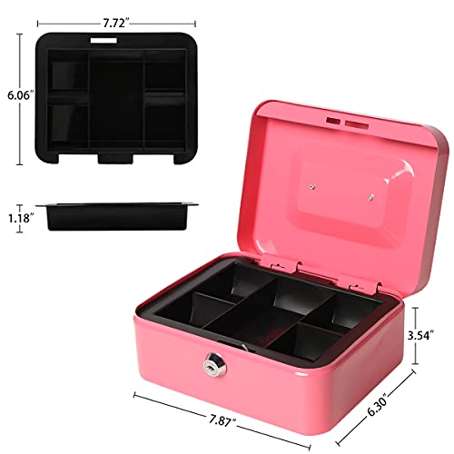 Cash Box with Money Tray, Parrency Large Money Box with Key Lock，Medium，7 4/5" x 6 4/5" x 3 3/5"，Pink - color: Pink, size: Medium（7.87")