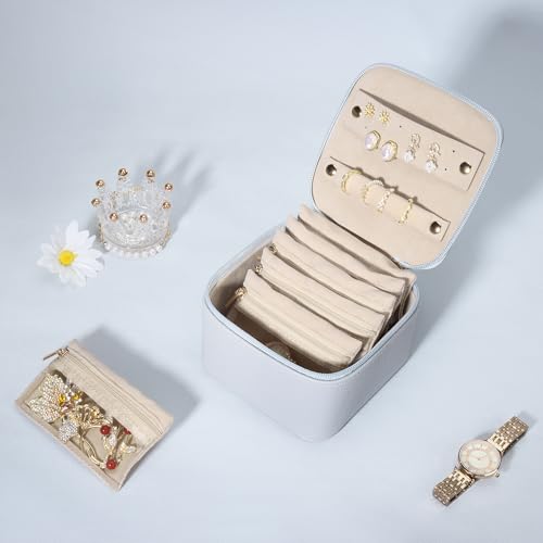 DesignSter Small Jewelry Box, Travel Small Jewelry Organizer with Earring Tray and Ring Holder, Square Travel Jewelry Storage Case with 6 Velvet Jewelry Pouches, Blue Gray - color: Blue Gray
