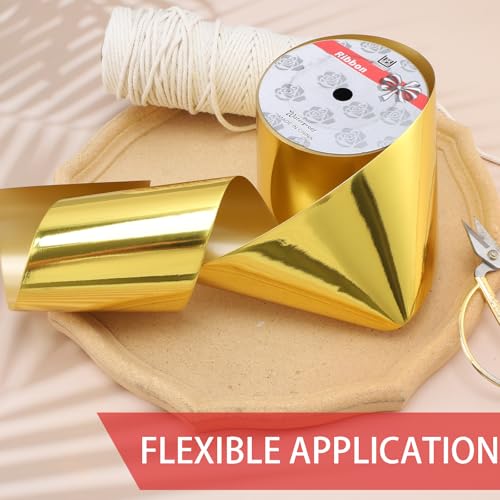4inch x 50yardsShiny Gold Waterproof Ribbon,Curling Ribbon for Gifts Package Wrapping,Crafting. - color: Gold, size: 4inch x50yards