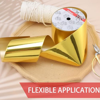 4inch x 50yardsShiny Gold Waterproof Ribbon,Curling Ribbon for Gifts Package Wrapping,Crafting. - color: Gold, size: 4inch x50yards