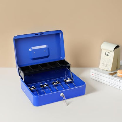 Cash Box with Money Tray and Lock, Metal Money Box for Cash Register, Large Cash Lock Box for Money Safe Includes 5 Slots Coin Tray, 4 Bill Slots, 4 Keys, 11.8" x 9.4" x 3.54" Blue - color: Blue with 4 Keys