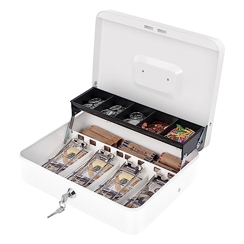 Large Cash Box with Money Tray and Lock Metal 11.8" x 9.4" x 3.54" Black + White