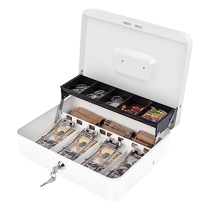 Large Cash Box with Money Tray and Lock Metal 11.8" x 9.4" x 3.54" Black + White