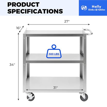 Hally Stainless Steel Utility Cart 3 Tier NSF Rolling Carts 31" Lx19 Wx34 H - size: 19''x31''x34''
