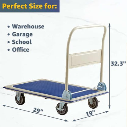 Steel Folding Platform Truck - 600 lb Capacity Cart with Foldable Handle, Non-Slip Deck & 5″ Brake Casters - Heavy-Duty Flatbed Dolly for Warehouse, Office, School - 36″ x 24″, Blue/Beige - size: 36" x 24" x 32"