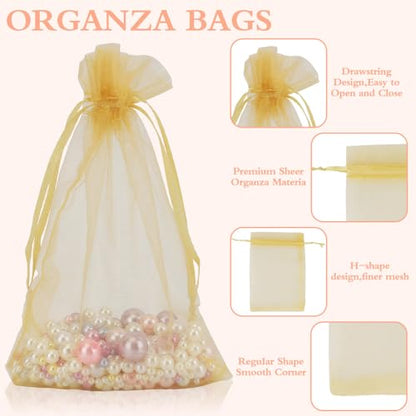 100PCS Organza Bags, 4x6 inch Small Mesh Sachets, Gold Sheer Wedding & Party Favor Bags for Candy, Jewelry, Bracelets and Small Gifts - color: Gold