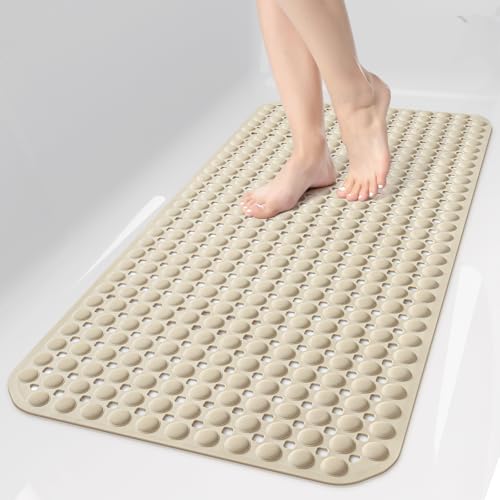 OTHWAY Bath Tub Shower Mat Non Slip, Bathtub Floor Liner Mats for Inside Shower Bathroom, Suction Cups and Drain Holes for Feet Scrubbing, Machine Washable, Soft on Feet, 35x16 Inch, Brown - color: Brown