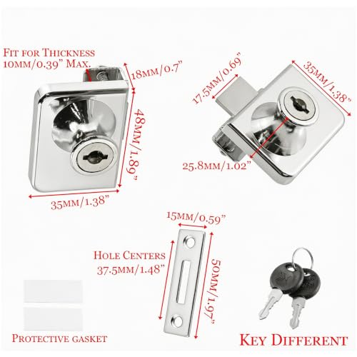 Chrome Glass Case Lock, 1.89x1.38 Inch Rectangle, 2 Sets, Keyed Different - color: Chrome, size: 1.89 x 1.38 Inch