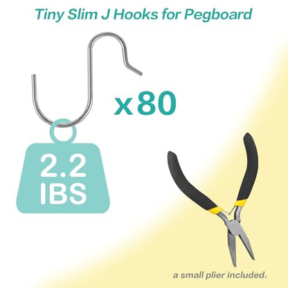 Small Pegboard J Hooks - 80pcs Metal Peg Board S Hangers for Tiny Holes - color: Silver