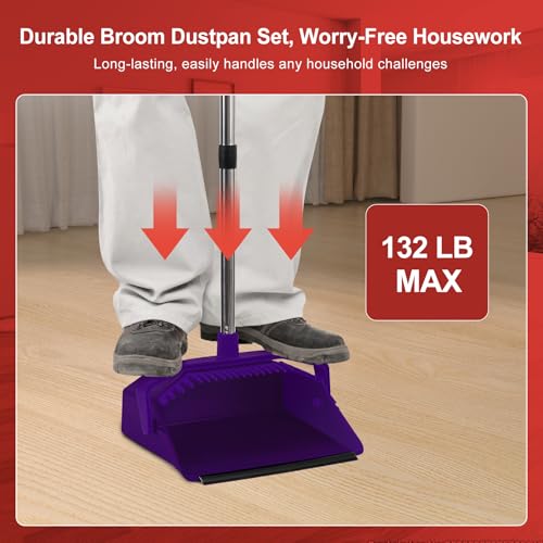 Broom and Dustpan Set for Home, 51" Long Handle Standing Dustpan Purple - color: Purple