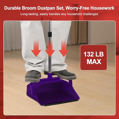 Broom and Dustpan Set for Home, 51" Long Handle Standing Dustpan Purple - color: Purple