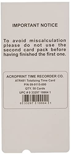 Acroprint 09-9115-000 Time Cards for ATR480 Time Clock, 50 Count(Pack of 1)