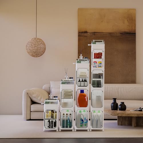 BINSIO 5-Tier Tall Narrow Storage Cabinet, Slim Rolling Storage Cabinet with Clear Doors, Adjustable Shelves, Foldable Organizer for Laundry Room, Kitchen Pantry, Utility Room and Small Spaces