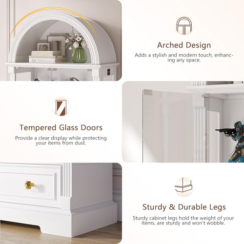 Arched Display Cabinet with Glass Doors, 72" Tall Curio Cabinet with Human Sensor Lights, 4-Tier Display Case for Collectibles Bookcase Living Room - color: White